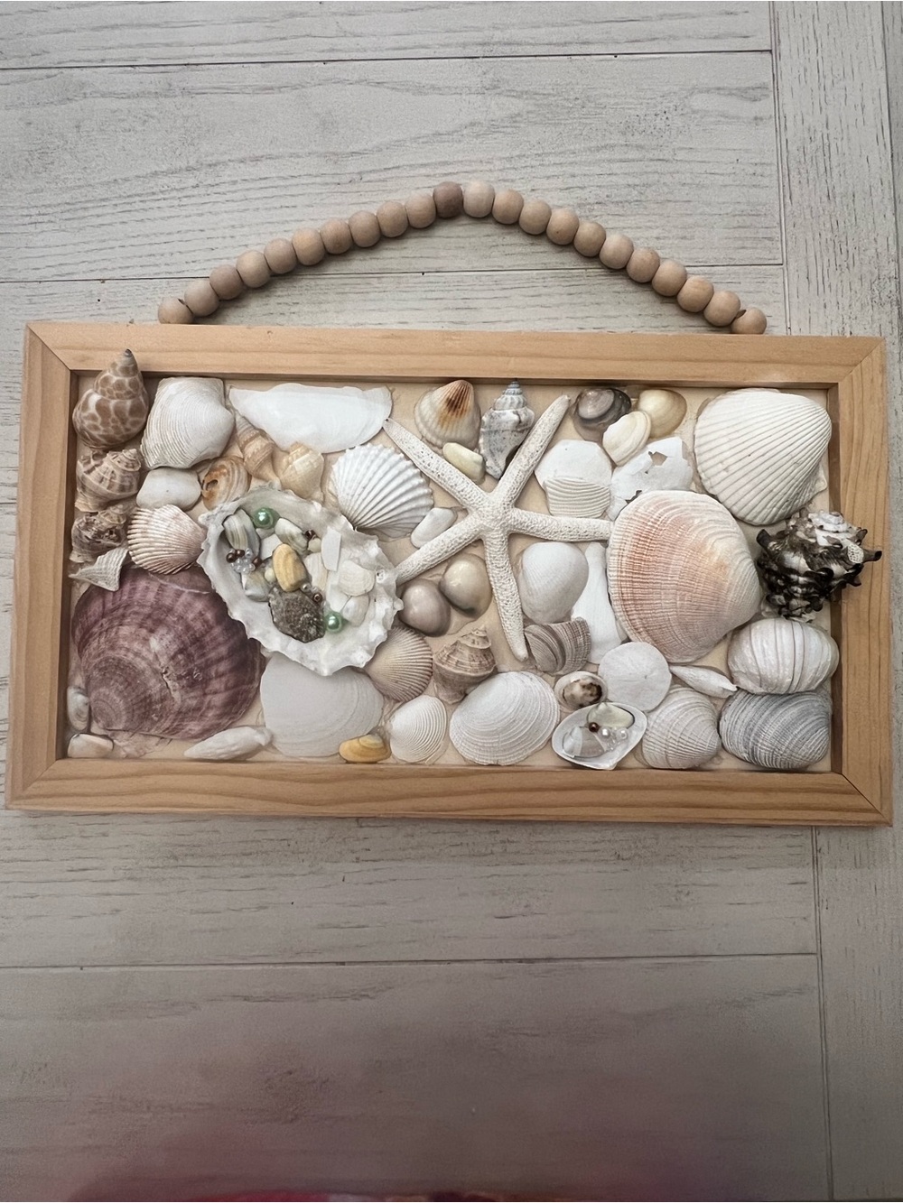 Framed Wooden Seashell Wall Art Coastal Decor with Beaded Hanger